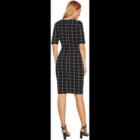 SheIn Women's Plaid Grid Round Neck Elegant Sheath Pencil Bodycon Dress - Picture 2 of 16